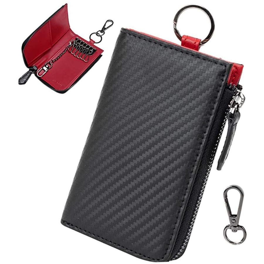 Arialk キーケース メンズ カードケース スマートキーケース 車キーケース カーボンレザー カラビナフック 6連 4連 4枚 カード入 無料発送