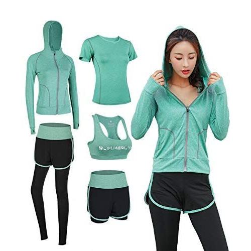 スポーツウェア レディース セット トレーニングウェア 5点セット 通気防臭 ヨガウェア ランニングウェア パーカー 半袖シャツ ハーフパン 97 Off
