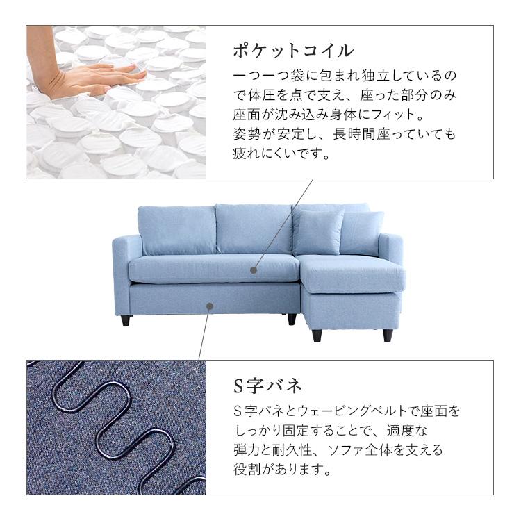 ファブリック コーナー 3人掛け ソファ クッション2個付き ワンタッチ