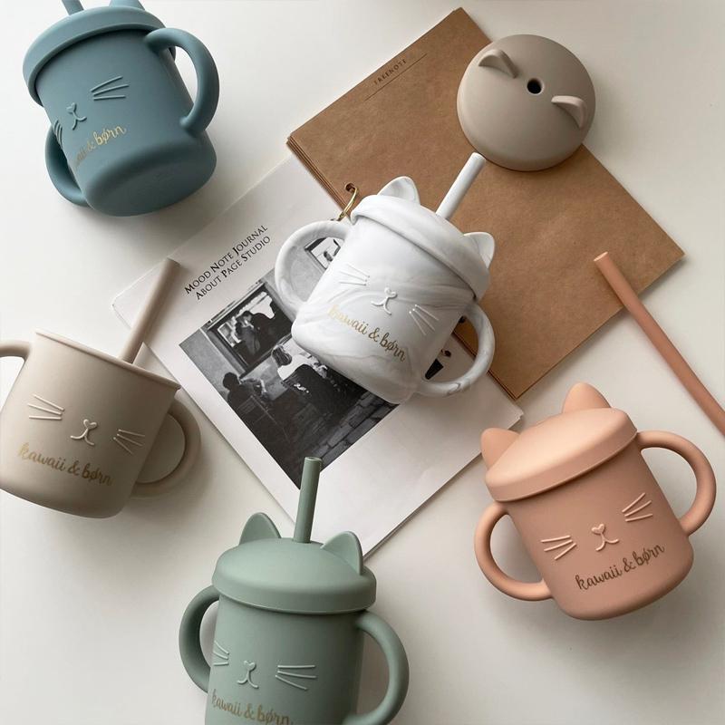 ねこマグ kawaii&born シリコン 蓋つきストローマグ マグカップ 離乳食