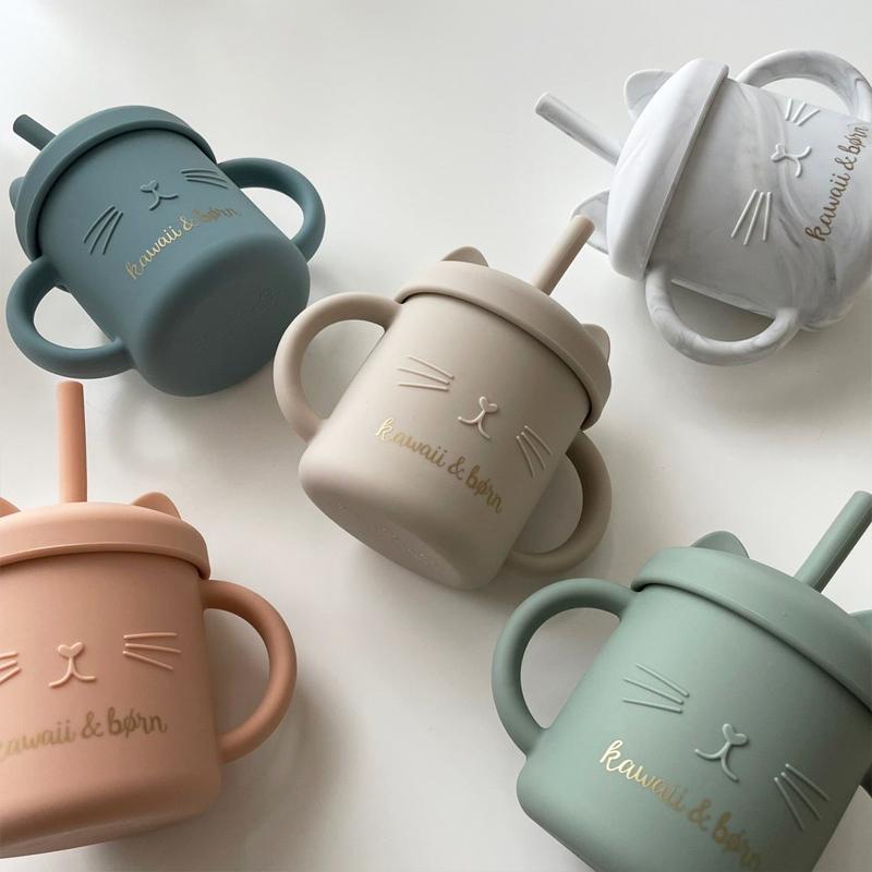 ねこマグ kawaii&born シリコン 蓋つきストローマグ マグカップ 離乳食