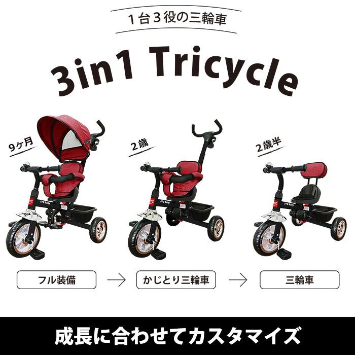 3in1 Tricycle ディープレッド  JTC かじとり三輪車 押棒 シンプル オシャレ ノンキャラ_1