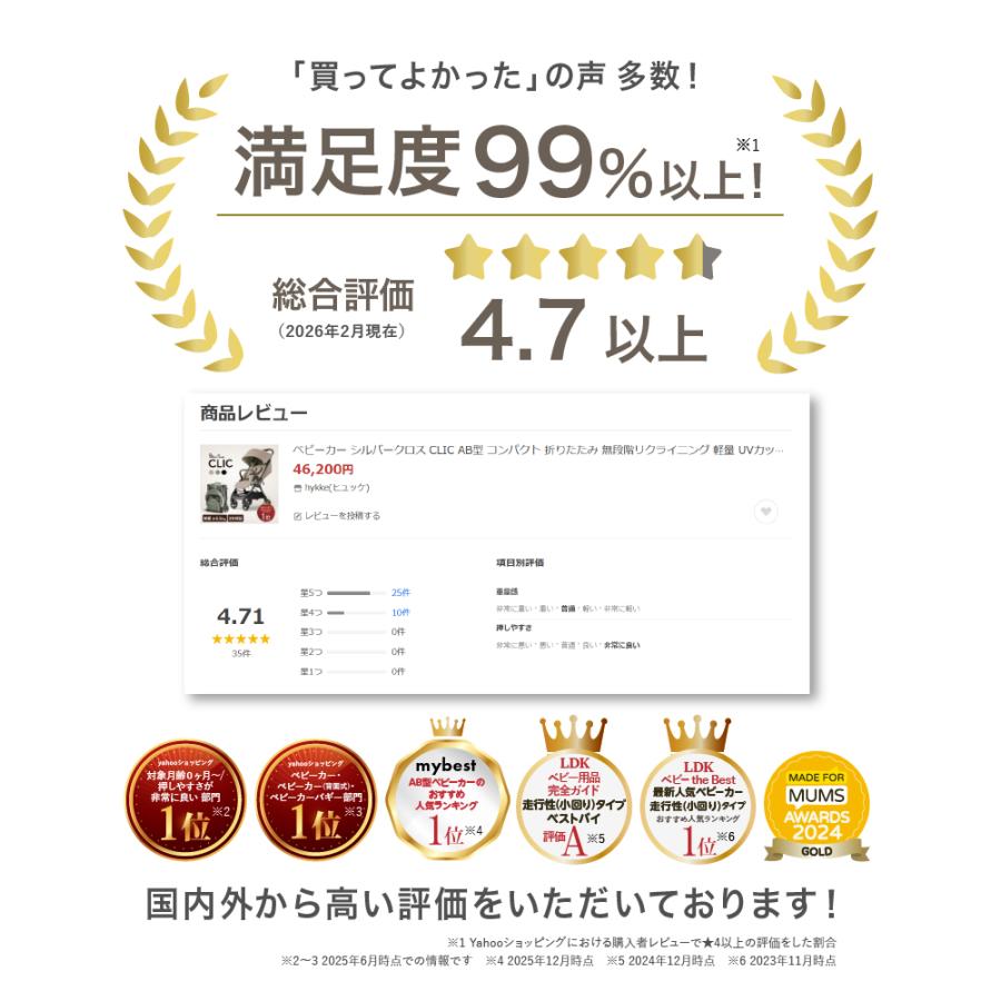ベビーカー シルバークロス CLIC AB型 コンパクト 折りたたみ 無段階リクライニング 軽量 UVカット 1ヶ月〜4歳頃まで 3年保証の画像