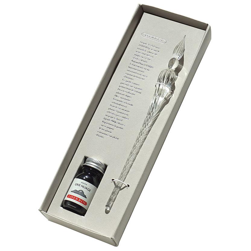 ガラスペン エルバン ガラスペンつむぎ＆ミニインクセット 高級ペン 老舗ブランド HERBIN 10mlミニボトルインク入り クリア/グリヌアージュ（インク） | エルバン