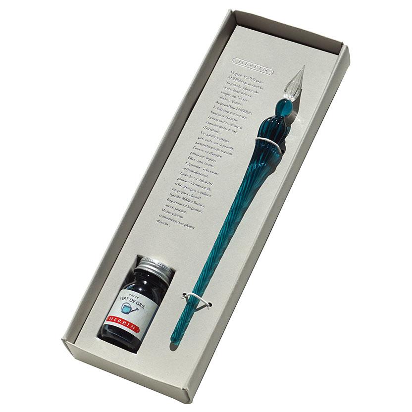ガラスペン エルバン ガラスペンつむぎ＆ミニインクセット 高級ペン 老舗ブランド HERBIN 10mlミニボトルインク入り エメラルド/グレイッシュグリーン（インク） | エルバン