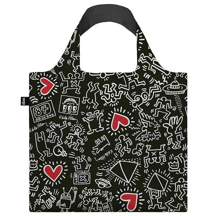 折りたたみトート エコバッグ 正規品 LOQI ローキー Recycled Bag 収納ポーチ付き KEITH HARING キース・へリング/ブラック パターン | LOQI