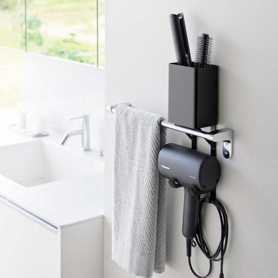 ドライヤーホルダー 山崎実業 正規品 tower タワー タオル掛け上ドライヤー&ヘアーアイロンホルダー ドライヤー収納ラック  10546 ブラック | tower