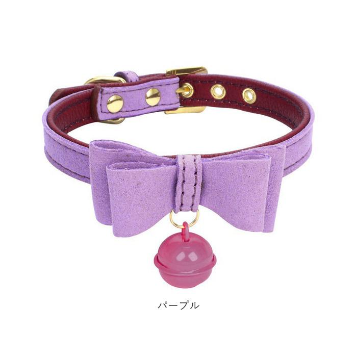 リボン首輪(パープルローズ)&リードセット、わんちゃん猫ちゃん用