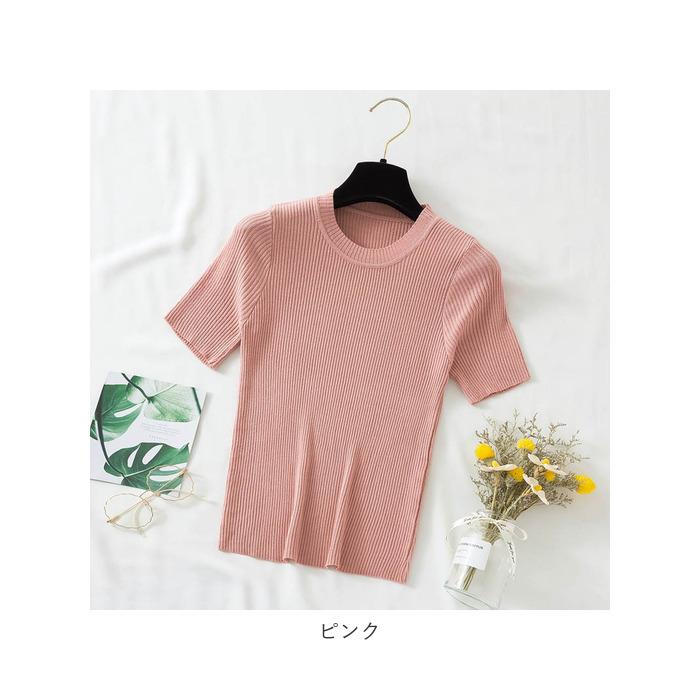 ニット 半袖 通勤 ラウンドネック 通販 Tシャツ セーター タイト スリム フィット プルオーバー 春 夏 薄手 上品 無地 シンプル きれいめ 着回し ニット | ブランド登録なし | 21