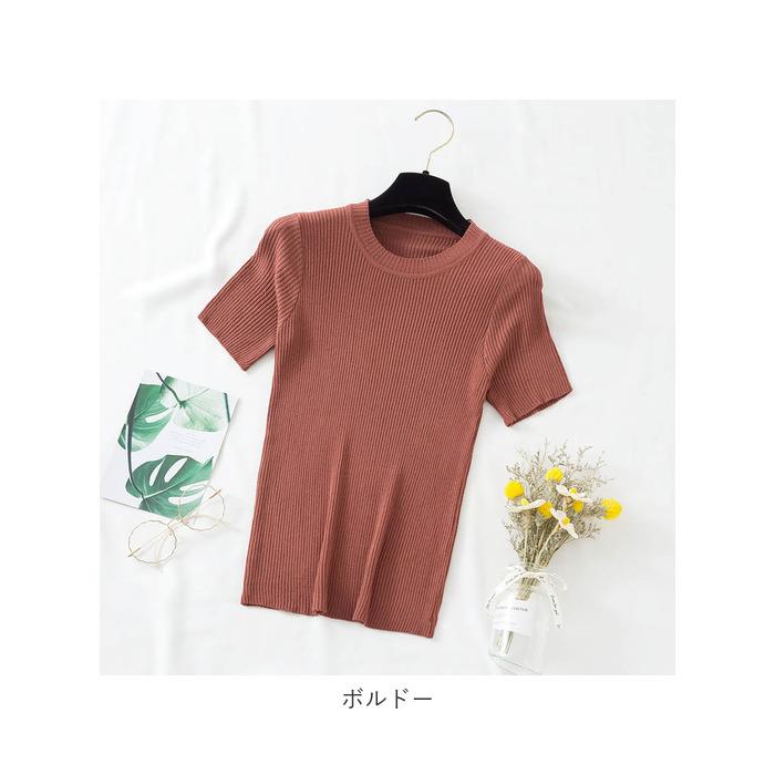 ニット 半袖 通勤 ラウンドネック 通販 Tシャツ セーター タイト スリム フィット プルオーバー 春 夏 薄手 上品 無地 シンプル きれいめ 着回し ニット | ブランド登録なし | 28