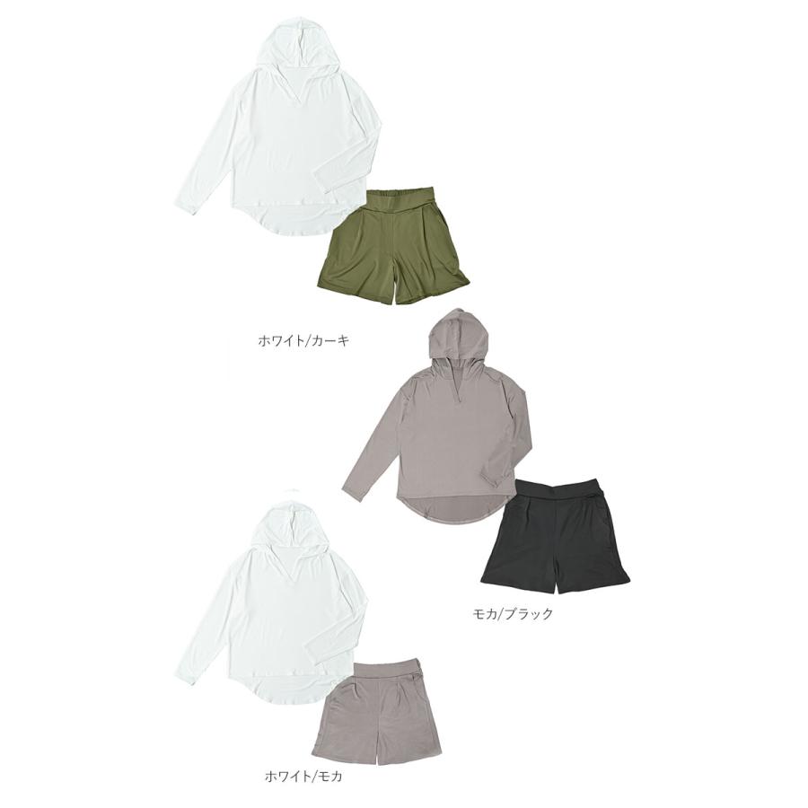 ラッシュガード レディース 上下セット 通販 長袖 おしゃれ パーカー プルオーバー 無地 シンプル ショートパンツ セットアップ UVカット ラッシュガード |  | 26