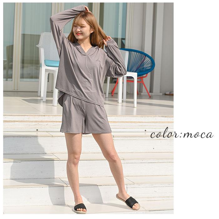 ラッシュガード レディース 上下セット 通販 長袖 おしゃれ パーカー プルオーバー 無地 シンプル ショートパンツ セットアップ UVカット ラッシュガード |  | 12