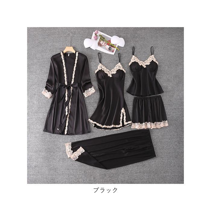 ルームウェア 通販ルームウェア レディース セット 5点 5点セット ネグリジェ ナイトウェア サテン 上下セット ガウン キャミソール ルームウェア | ブランド登録なし | 18