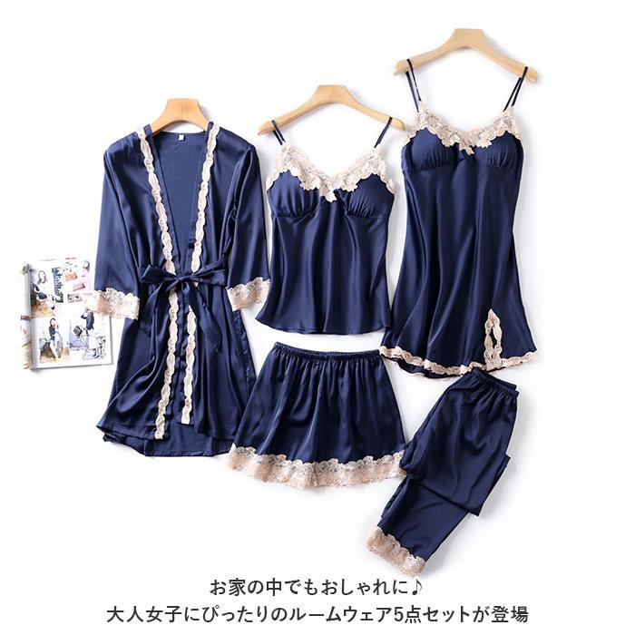 ルームウェア 通販ルームウェア レディース セット 5点 5点セット ネグリジェ ナイトウェア サテン 上下セット ガウン キャミソール ルームウェア | ブランド登録なし | 01