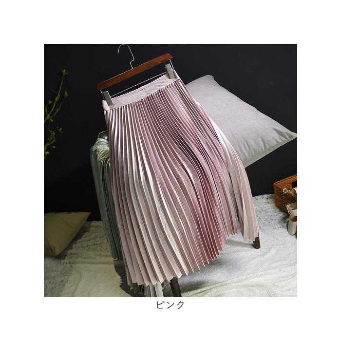 プリーツスカート ロング 通販 ロングスカート スカート ボトムス レディース 膝下丈 ミモレ丈 シンプル 無地 ウエストゴム サテン Aライン 秋 プリーツスカート |  | 11