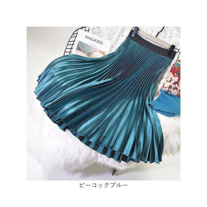 プリーツスカート ロング 通販 ロングスカート スカート ボトムス レディース 膝下丈 ミモレ丈 シンプル 無地 ウエストゴム サテン Aライン 秋 プリーツスカート |  | 14