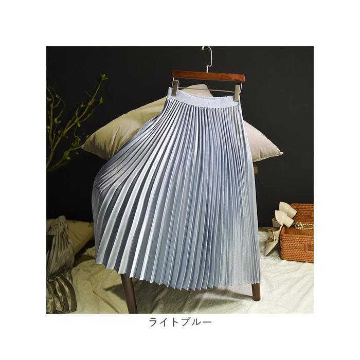プリーツスカート ロング 通販 ロングスカート スカート ボトムス レディース 膝下丈 ミモレ丈 シンプル 無地 ウエストゴム サテン Aライン 秋 プリーツスカート |  | 09