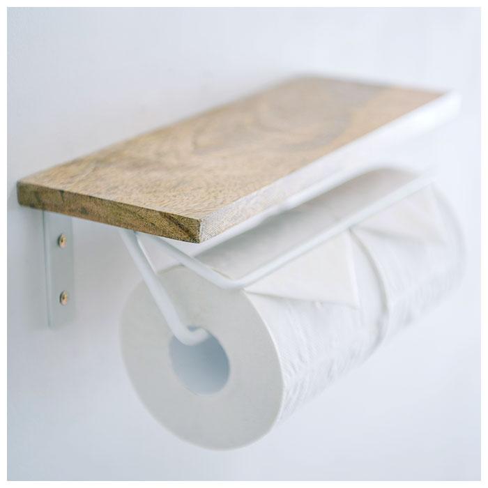 トイレットペーパーホルダー おしゃれ 通販 2連 ダブル  アイアン 木製 ホルダー シェルフ型 ブラック ホワイト ペーパーホルダー トイレットペーパーホルダー |  | 05