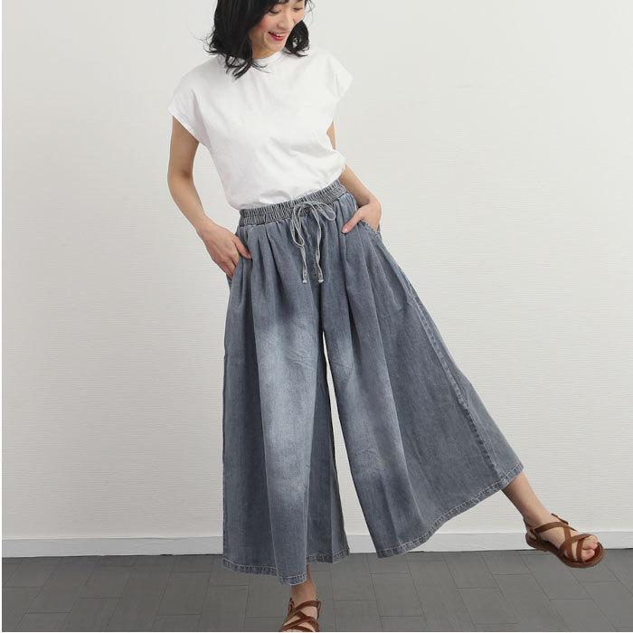 ワイドパンツ デニム 通販 レディース 大きいサイズ 春 夏 デニムワイドパンツ ゴム ボトムス 無地 ズボン 大人 カジュアル きれいめ おしゃれ  ワイドパンツ | BACKYARD FAMILY