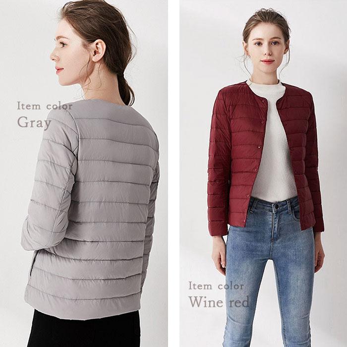 ダウンジャケット レディース ショート フードなし 通販 インナーダウン ライトダウン 中綿 コート 暖かい 防寒 軽量 ジャケット 無地 ノーカラー 長袖 |  | 10