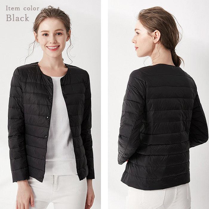 ダウンジャケット レディース ショート フードなし 通販 インナーダウン ライトダウン 中綿 コート 暖かい 防寒 軽量 ジャケット 無地 ノーカラー 長袖 |  | 09