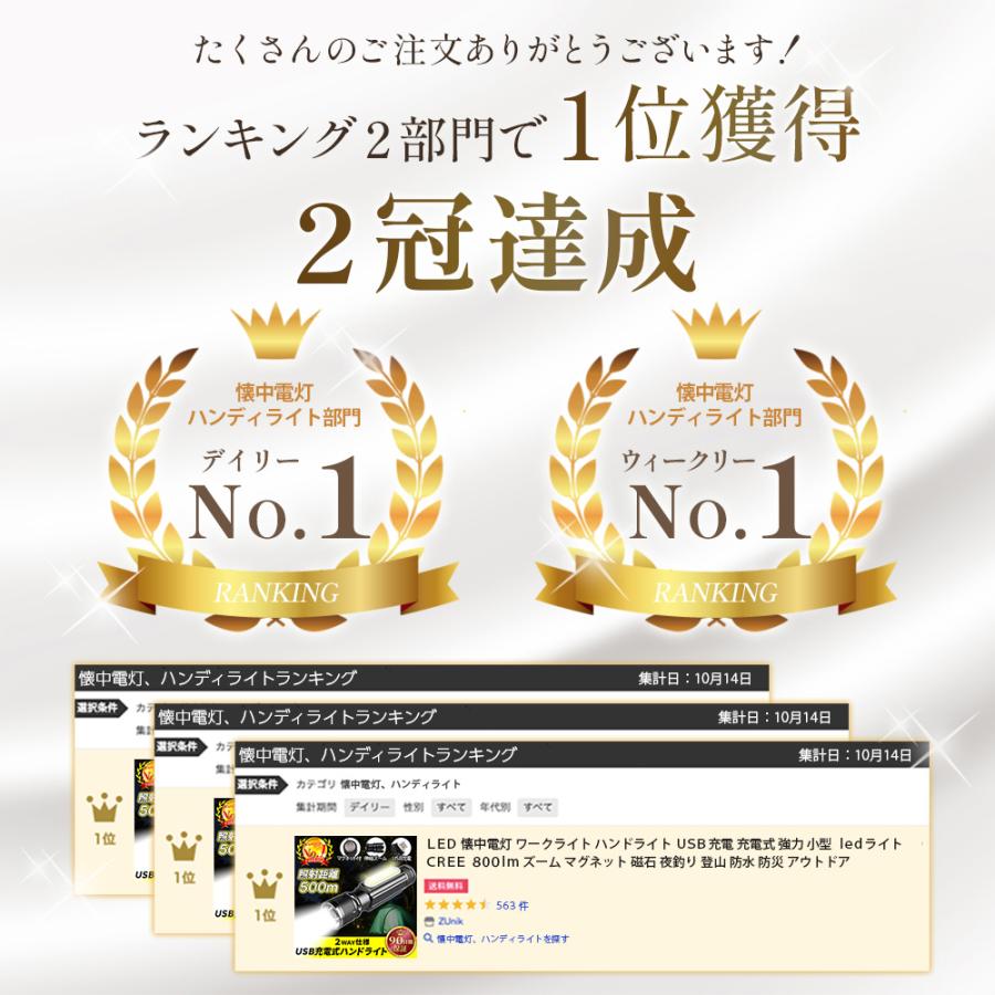 懐中電灯 led 強力 充電式 ライト ワークライト ハンドライト COBライト USB充電 小型 CREE ズーム 夜釣り 登山 防水 防災 アウトドア | ブランド登録なし | 01