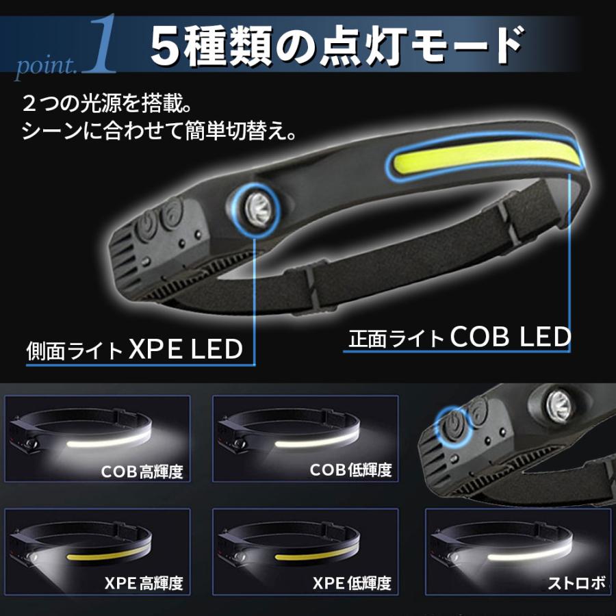 ヘッドライト 充電式 ヘッドランプ 最強 ルーメン 懐中電灯 ワークライト  LED COB  軽量 手差しセンサー 防水 ハンズフリー 超強力 作業灯 アウトドア｜baggio｜06