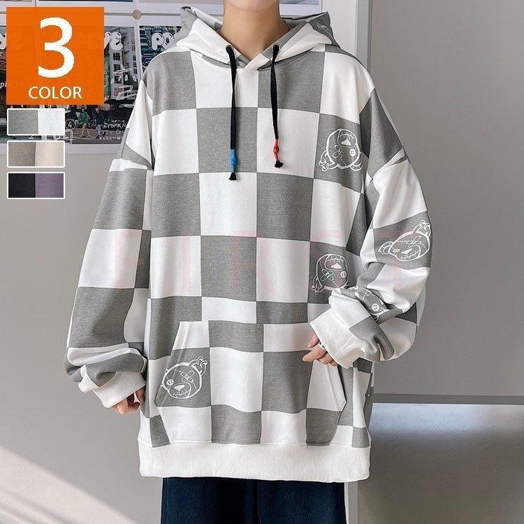スウェットパーカー メンズ 長袖 パーカー チェック柄パーカー 春服 春秋 ゆったりプルオーバーパーカー 通学