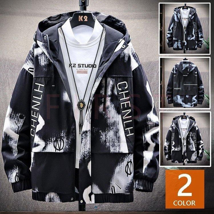 ウィンドブレーカー メンズ ジャケット マウンテンパーカー ジップアップ 英文字 迷彩 通気性 アウター フード付き 春秋 スポーツ カッコイイ ライトアウター 流行