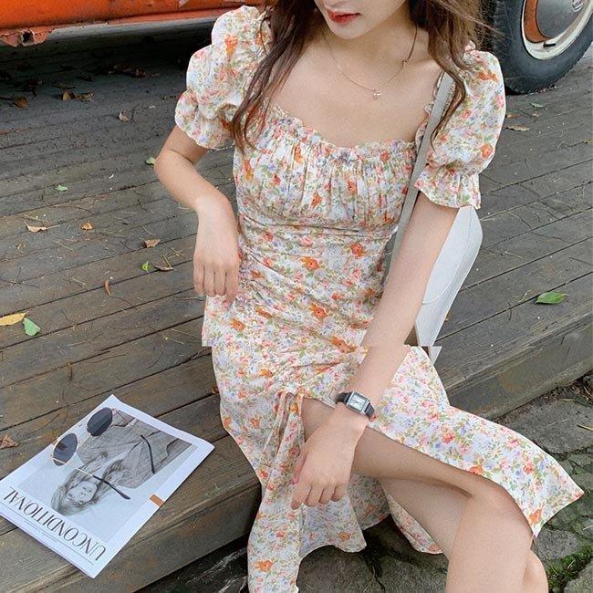 メーカー直送 サマーワンピース ロングワンピ スリット入り 夏 スクエアネック 花柄 フラワーワンピ 半袖ワンピース バブルスリーブ レトロワンピース ワンピース サイズ Xl Www We Job Com