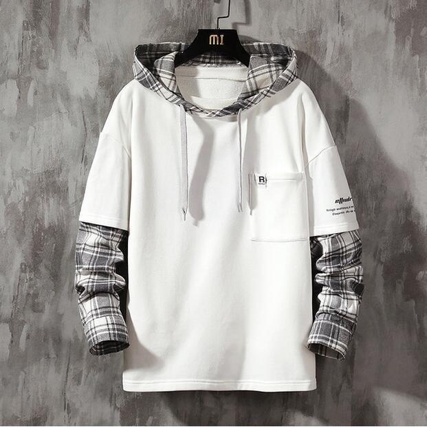 長袖メンズパーカー 春秋 プルオーバー チェック柄プルパーカー 英文字プリント グラデーション 韓国ファッション オシャレ ホワイト ブラック グレー 豪華