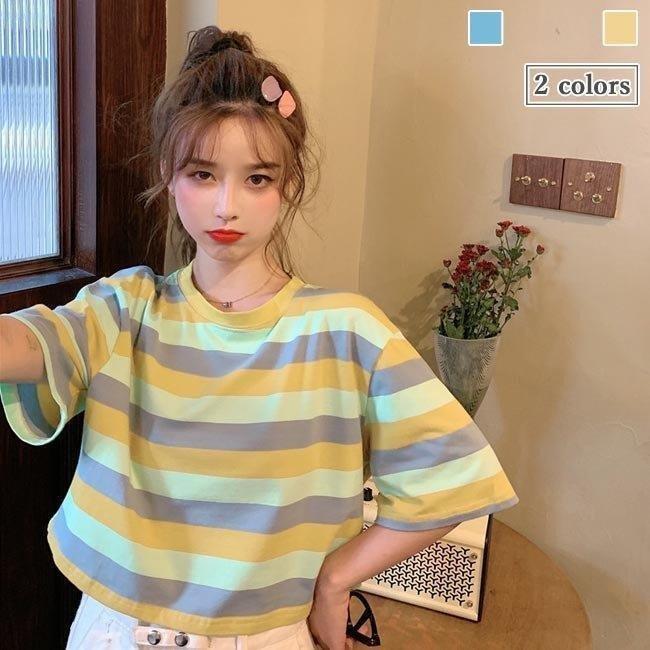 半袖 レディース ボーダー柄tシャツ Tシャツ ショート丈 太めボーダー柄tシャツ 太め縞柄tシャツ へそ出し 短い 肌見せ サマーtシャツ 夏 Wm0718a049 Baghome 通販 Yahoo ショッピング