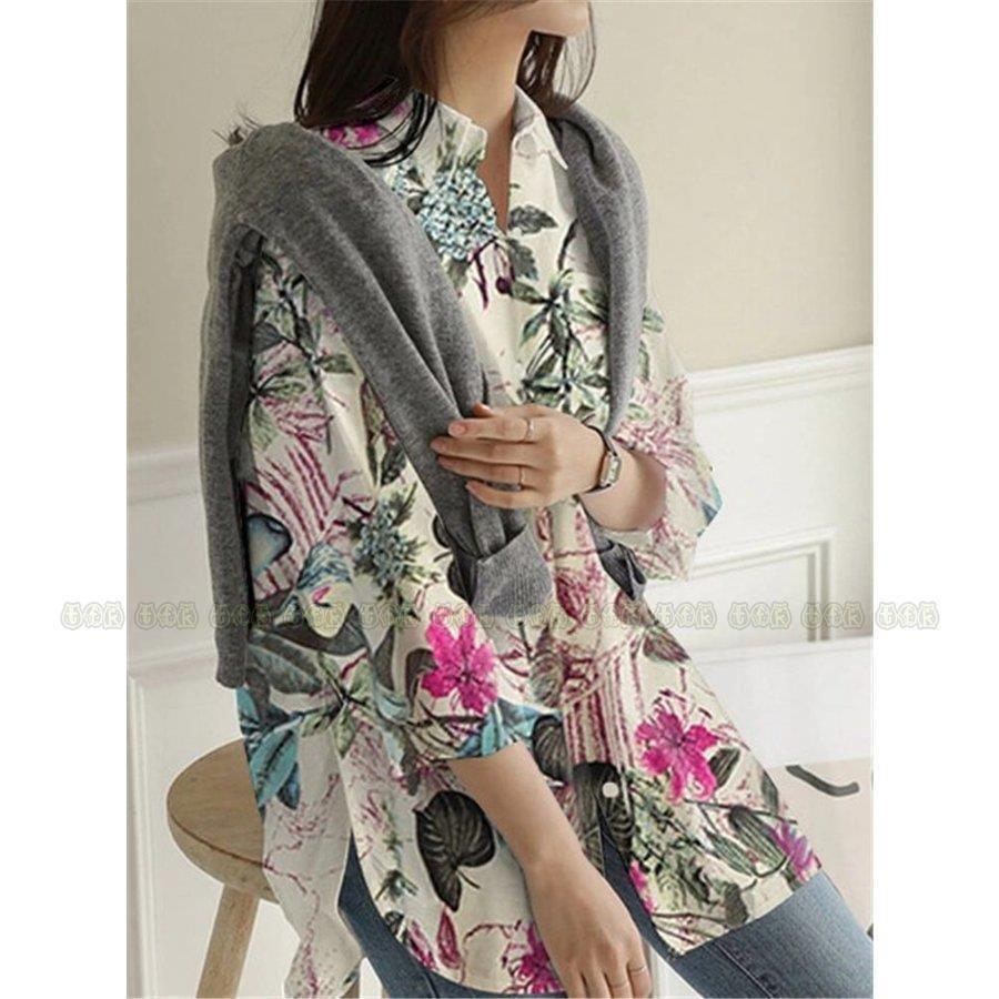 シャツ シャツブラウス ブラウス トップス 前開き レディース ロング丈 長袖 折り襟 花柄 柄 プリント 綿麻 通気性 大きいサイズ ゆったり 春 30代 人気ブランドを