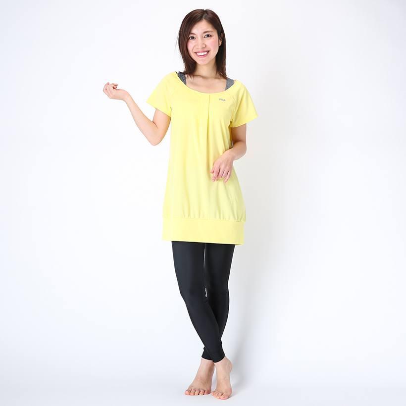 フィラ Fila 日本正規品 レディース 女性 レイヤードチュニック 半袖ワンピース 日本メーカー新品 シンプル 無地ベース ヨガ フェイクレイヤードデザイン カジュアル スポーツ