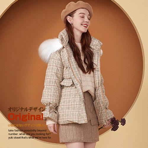 チェック柄ダウンコート レディースファッション オリジナルデザイン 暖かい 厚手 イギリス風 上質ダウン90 レトロ ダウンコート ドロップドショルダー フレアポケット Dkd Balanco フード ファー取り外し可能 上質ダウン90 卸売価格の販売