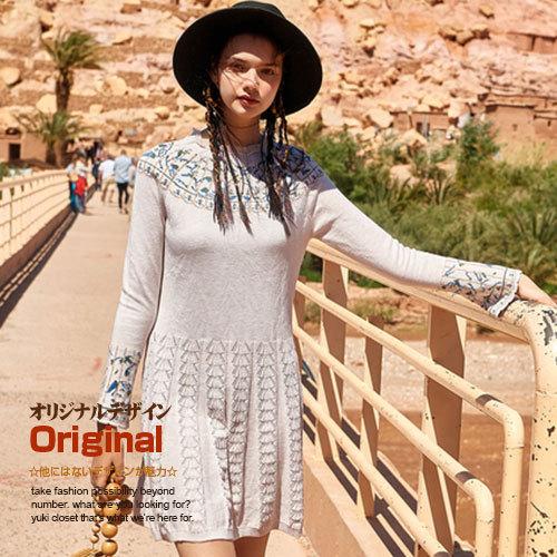 手数料安い ニットワンピース オリジナルデザイン ラウンドネック リーフ柄 葉っぱ柄 シェル編み 貝殻編み シンプル オフホワイト フレア袖 長袖 Aライン 着痩せ 着まわし 日本製 Clinilab Net