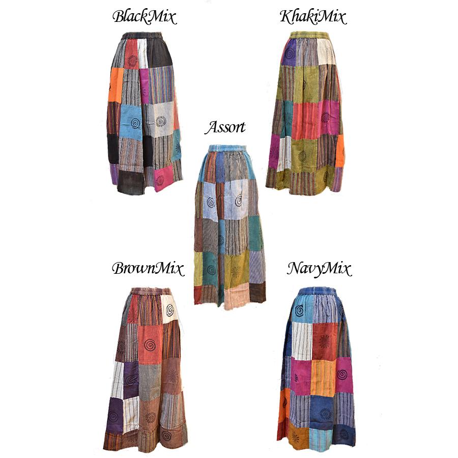 ストーンウォッシュパッチワークロングスカート スカート ロング 膝丈