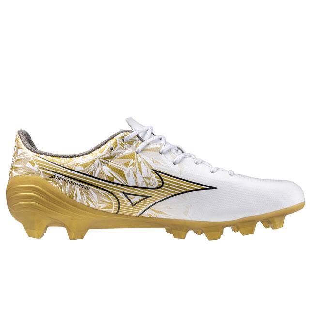 ミズノ ミズノアルファ SELECT ホワイト プリズムゴールド サッカースパイク 土 人工芝 天然芝 (mizuno2024Q1) P1GA246550｜ballclub-b｜02