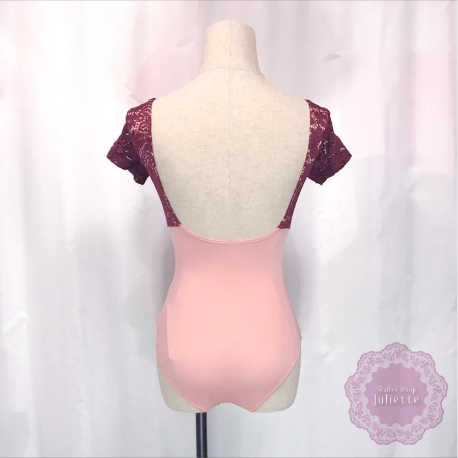 XS ベリーレッド×ピンク レース 半袖 レオタード 大人 バレエ