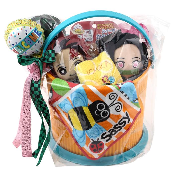 鬼滅の刃 炭治郎と禰豆子 ぬいぐるみ おむつバスケット 出産祝い おむつケーキ 名入れ刺繍 サッシ― タオル おもちゃ オムニウッティ 日本製 バケツ | BANDAI | 17