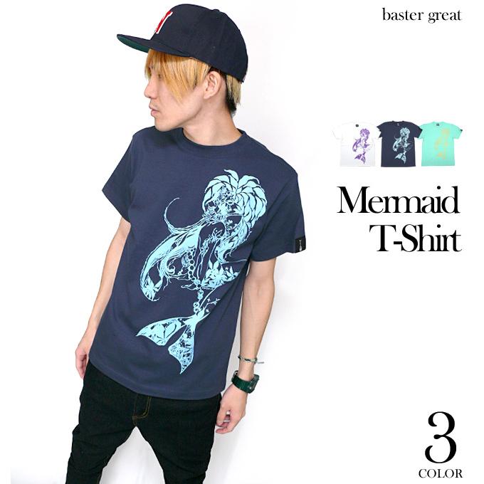 マーメイド (Mermaid) Tシャツ (ミントグリーン) baster great -X- 半袖 紺色 人魚 童話 イラスト プリント コラボ 綺麗目 バスターグレード | メンズセレクト | 02