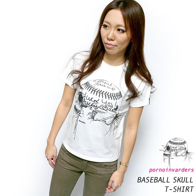 レディースセレクト ベイスボールスカル Tシャツ (ホワイト)-Z- 半袖