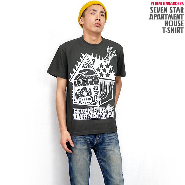 セブンスターマンション Tシャツ (スミ) -X- 半袖 墨色 グレー ポルノインベーダーズ モンスター ゾンビ ハードコア パンク ロック PUNKROCK かっこいい コラボ | ブランド登録なし | 03