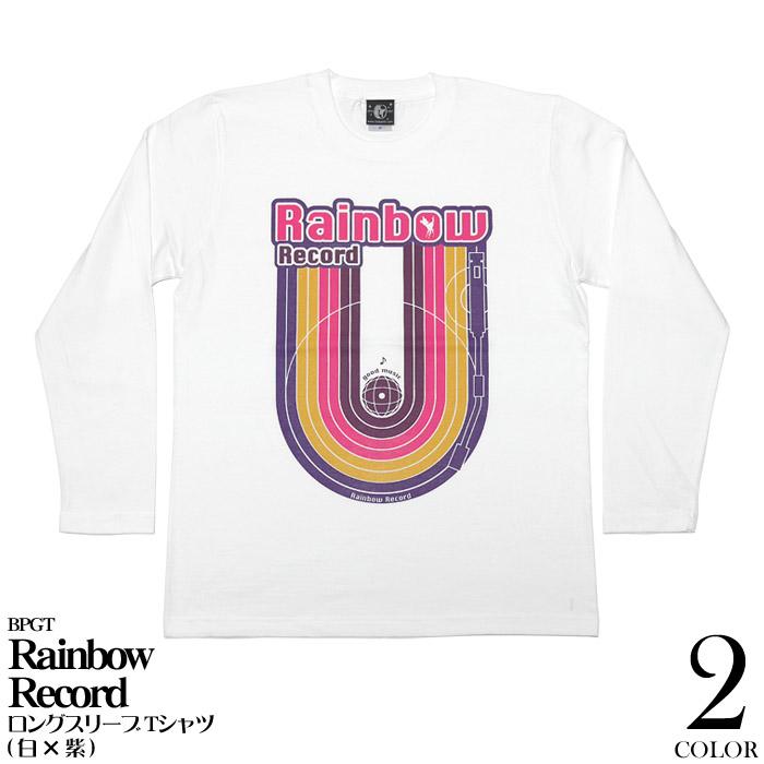 Rainbow Record (レインボーレコード) ロングスリーブTシャツ (白×紫) -X- ロンT 長袖 ホワイト 虹色 音楽 レコードプレーヤー ポップス ロックンロール | メンズセレクト