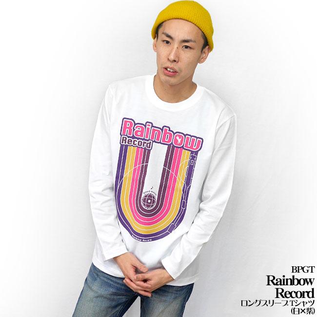 Rainbow Record (レインボーレコード) ロングスリーブTシャツ (白×紫) -X- ロンT 長袖 ホワイト 虹色 音楽 レコードプレーヤー ポップス ロックンロール | メンズセレクト | 02