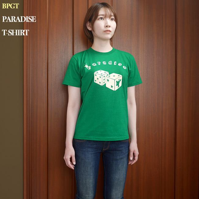 Paradise (パラダイス) Tシャツ (グリーン) -X- 半袖 緑色 サイコロ 賽子 ダイス かわいいロゴTee 子鹿 バンビ 星柄 大きいサイズ | レディースセレクト