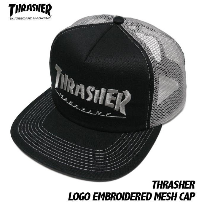 THRASHER エンブロイダード メッシュキャップ -G- スラッシャー 刺繍ロゴ スケーター パンクス 帽子 CAP ブラック×グレー | THRASHER