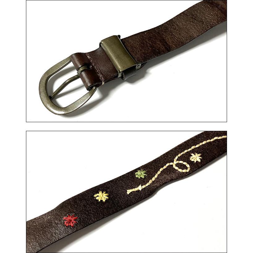 手縫い花柄ステッチ レザーベルト (ダークブラウン) - tachiya -X- 焦茶色 ブラウン イエロー Belt 牛革 フラワー カジュアル アメカジ | メンズセレクト | 05