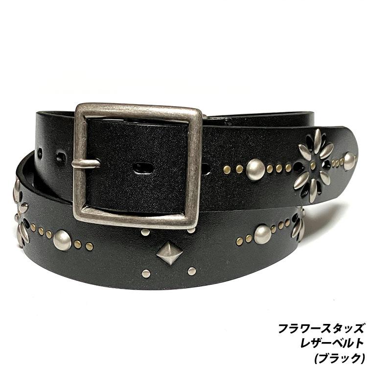 メンズセレクト フラワースタッズ レザーベルト (ブラック) - tachiya