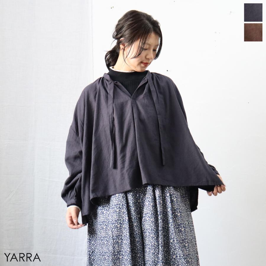 30％オフセール】YARRA（ヤラ）綿麻起毛スキッパーギャザーブラウス 